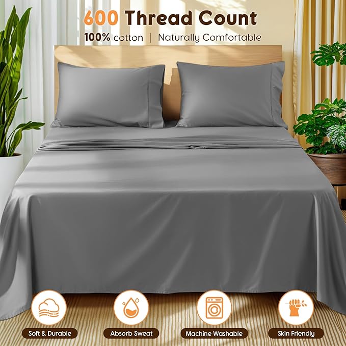 LBRO2M 100% Cotton Sheets Set King Size 600 Thread Count Sheet 4 Piece Sets Bed Sheet Deep Pocket Up to 16" Soft Comfortable All Season (King, Gray)