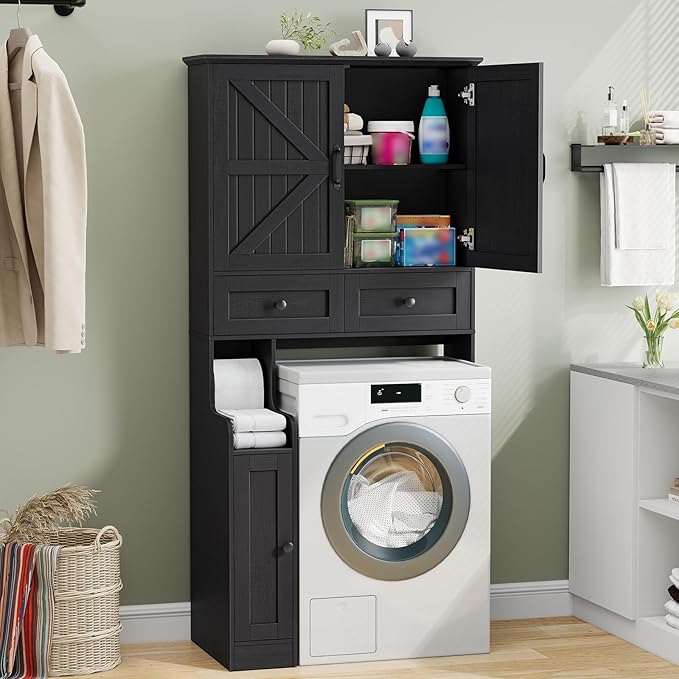 Over The Toilet Storage Cabinet, Storage Cabinet Over Toilet with Double Doors & Toilet Paper Holder Stand, Freestanding Toilet Shelf Space Saver with Anti-Tip Design & Adjustable Shelf, Black