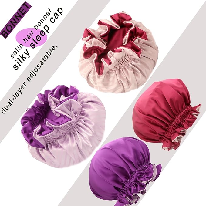 Satin bonnet 2Pcs silk hair bonnet cap for women reversible for sleeping Adjustable Night sleep cap for curly natural hair double-layer Washable Can Be Used Shower (Pink &Purple stripe)