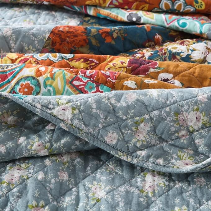 Autumn Dream Cotton Bedspread Quilt Sets Reversible Bedding Coverlet Sets Comforter, Paisley Floral Patchwork Yellow Grey Bedspread, King Size
