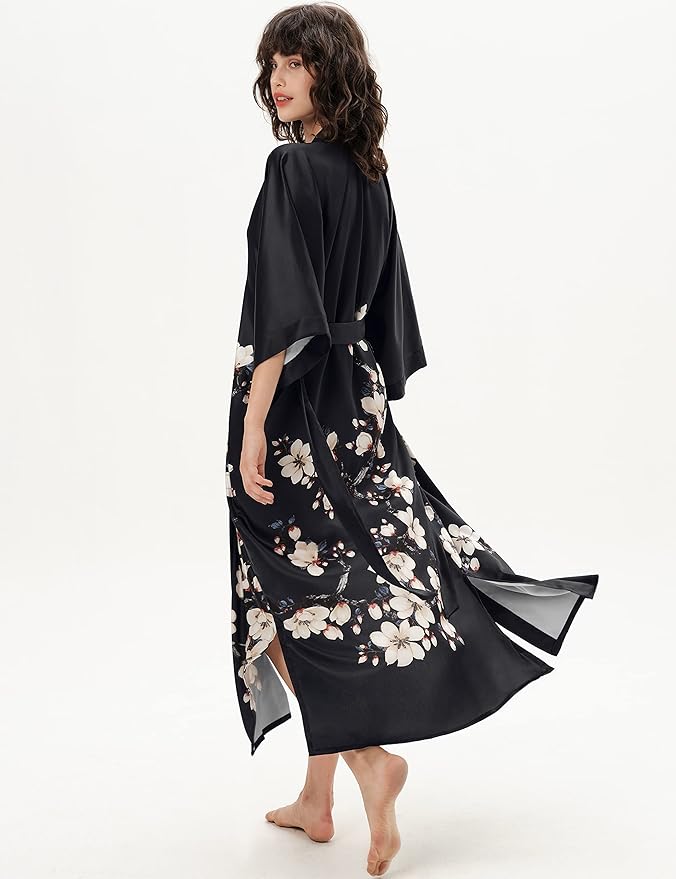 PRODESIGN Kimono Robe for Women - Long Satin Sleepwear Silky Kimono Cover-Up Nightgown Japanese Bathrobe Loungewear Blouse