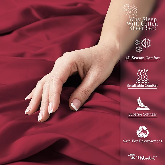 URBANHUT 1000 Thread Count Twin Bed Sheets Egyptian Cotton Sheet Set, Long Staple Soft & Breathable, 3 Pc Bed Sheet Sets, Luxury Hotel Sateen Sheets Fits 16" Deep Pocket - Burgundy