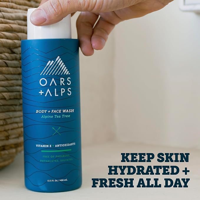 Oars + Alps Men's Moisturizing Body and Face Wash, Skin Care Infused with Vitamin E and Antioxidants, Sulfate Free, Alpine Tea Tree, 2 Pack