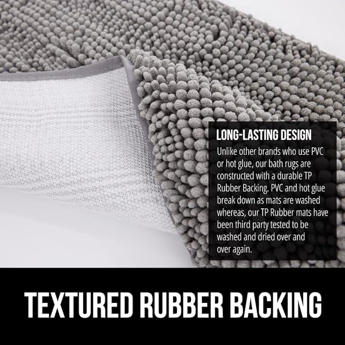 GORILLA GRIP Bath Rug Mat, Thick Soft Absorbent Chenille, Quick Dry Microfiber Mats, Rubber Backing Washable Shower Floor Rugs, Bathmat Runner, US Designed Bathroom Home Decor Accessories 24x17, Grey
