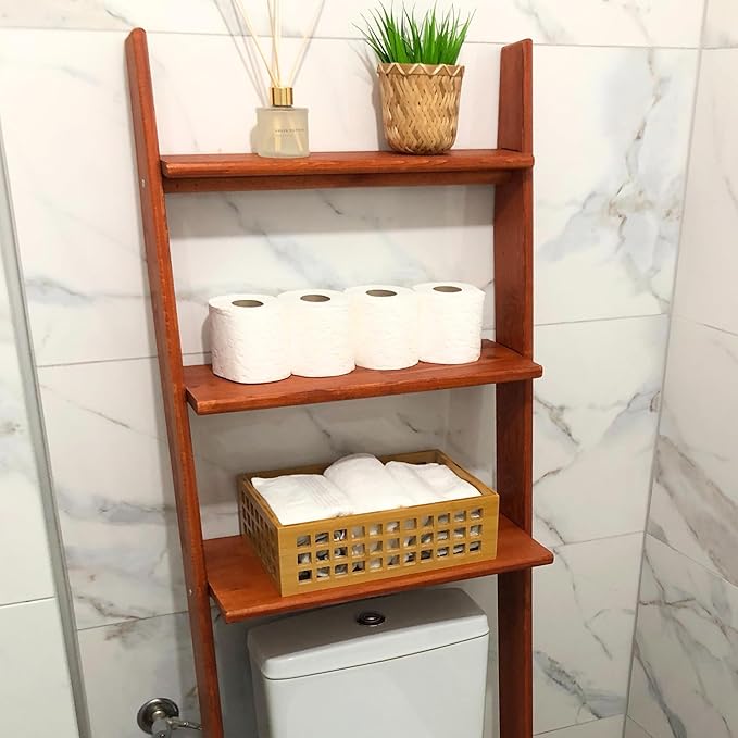 Over The Toilet Birch Wood Bathroom Organizer Shelves, 3-Tier Freestanding Above Toilet Storage Ladder Shelf, Standing Space Saver Behind Toilet Small Bathroom Organizer (Chestnut)