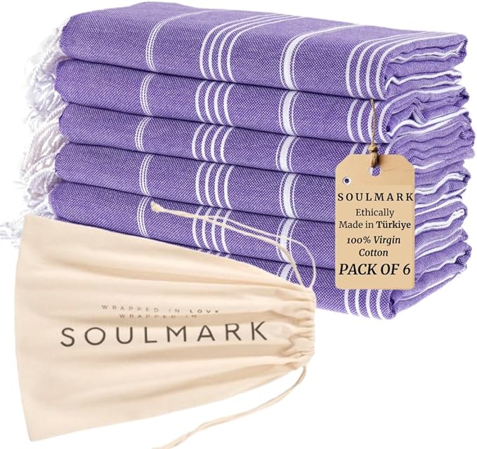 SOULMARK 100% Cotton Turkish Beach Towel with Bag - 38"x71" - 6 Pack - Made in Green & Oeko TEX Certified - Pre-Washed and Sand Free - Quick Dry and Lightweight for Travel - Made in Turkey - Purple