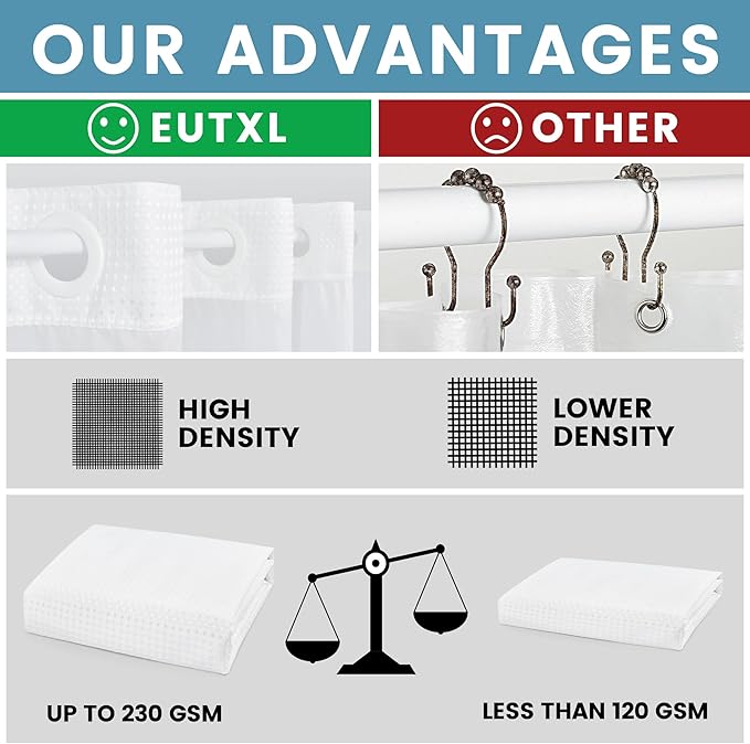 Stall No Hook Shower Curtain with Snap in Liner,230GSM Waffle Weave Shower Curtains for Bathroom,36W x 74H,White