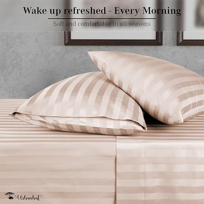 URBANHUT 1000 Thread Count Damask Striped Queen Size Egyptian Cotton Sheets, Long Staple Soft & Breathable, 4 Pc Bed Sheet Sets, Luxury Hotel Sateen Sheets Fits 16" Deep Pocket - Blush Pink