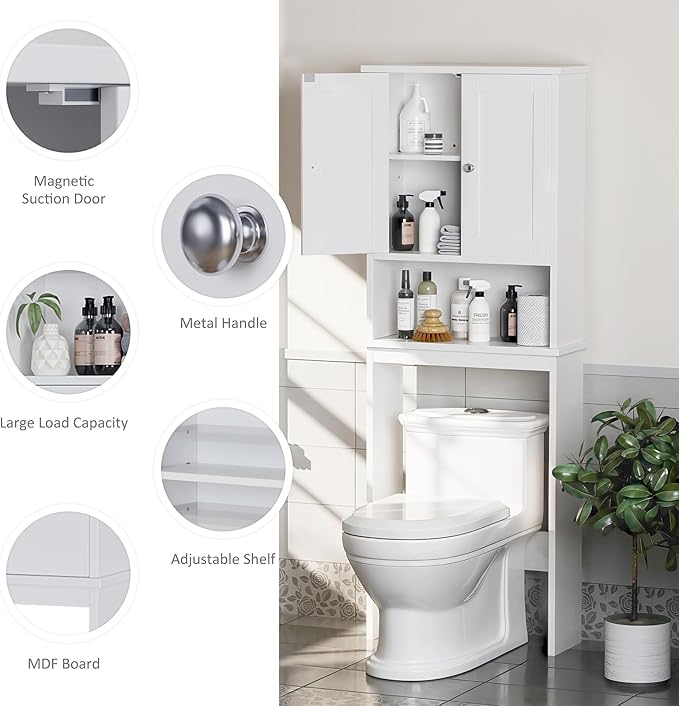Meilocar Over The Toilet Storage Cabinet, Bathroom Storage Organizer Over Toilet, Space Saver W/Adjustable Shelf & Open Shelf, White