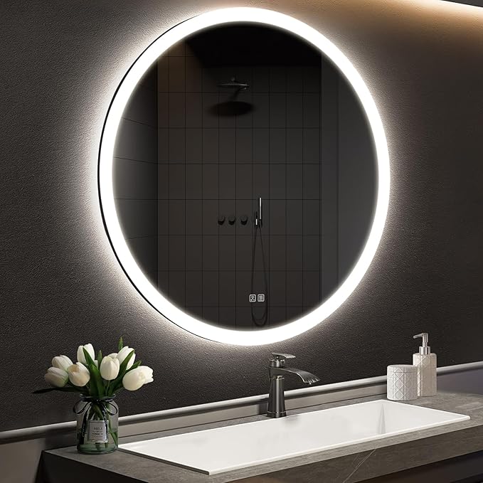 APRILSOUL 44 Inch Round LED Bathroom Vanity Mirror with Front and Backlit, Led Mirror with Anti-Fog, 3 Colors and Dimmable Light