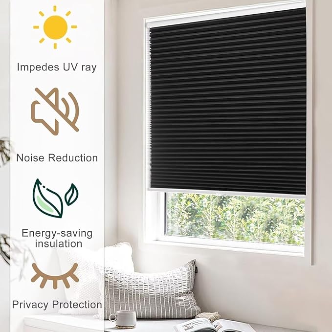 MYshade 1.5-Inch Cellular Cordless Blackout Shades,Thermal Insulating Noise Reducing Waterproof Blinds,Honeycomb Window Treatments for Indoor Light Control (Black-47 W x 72" H)