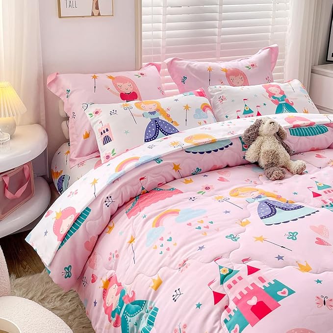 Wajade Kids Pink Princess Comforter Set Bed in a Bag Twin Size 7 Piece Princess Fairy Tales Castle Bedding Set for Girls (1 Comforter, 1 Flat Sheet, 1 Fitted Sheet, 2 Pillowcase and 2 Pillow Sham)