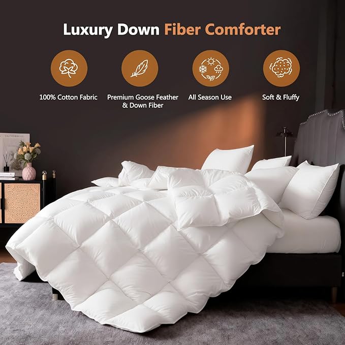 DROVAN Goose Feather Down Fiber Comforter Oversized King Size - 100% Cotton Duvet Insert with 8 Corner Loops - Luxurious All-Season Hotel Collection, 116x98 Inch