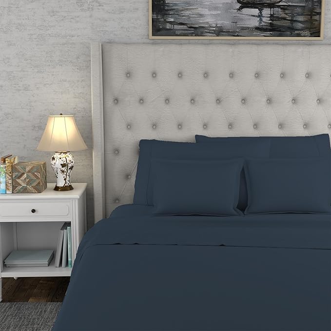 SUPREME ELEGANCE Hotel Luxury Cotton Blend Navy Sheet Set Queen Size, 1200 Thread Count Ultra Soft Sateen Sheet Set, Moisture Wicking & Wrinkle Resistant, Easy Care Fall Bedding Set