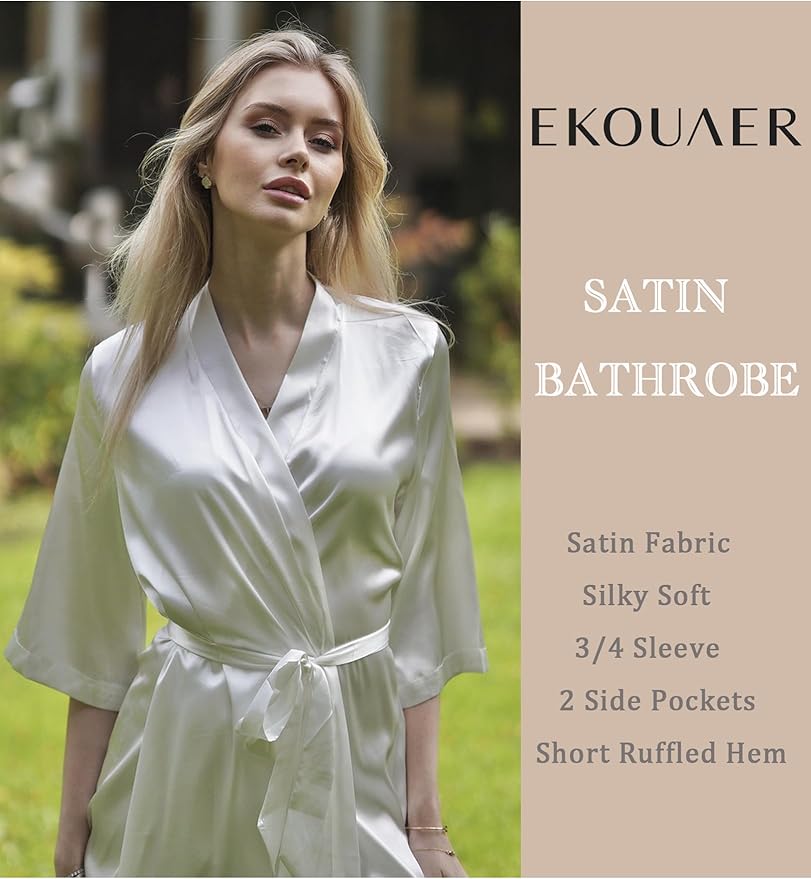 Ekouaer Women's Satin Robes Silk Kimono Bath Robe Short Ruffled Hem Bride Bridesmaid Sleepwear with Pockets