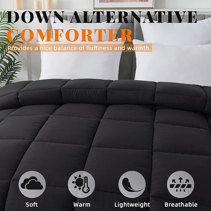 Cosybay Down Alternative Comforter (Black, Cal-King) - All Season Soft Quilted California King Size Bed Comforter - Duvet Insert with Corner Tabs -Winter Summer Warm Fluffy, 104x96 inches
