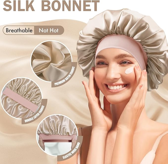 Satin Silk Bonnet for Sleeping, Double Layer Silk Sleep Cap for Men & Women, Soft Satin Lined Bonnet for Curly Hair