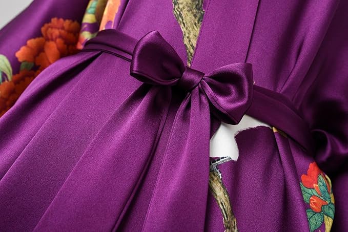 Women's Silk Kimono Robe Long Bathrobe Nightgown 100% Mulberry Silk for Women - Classic Floral Pattern
