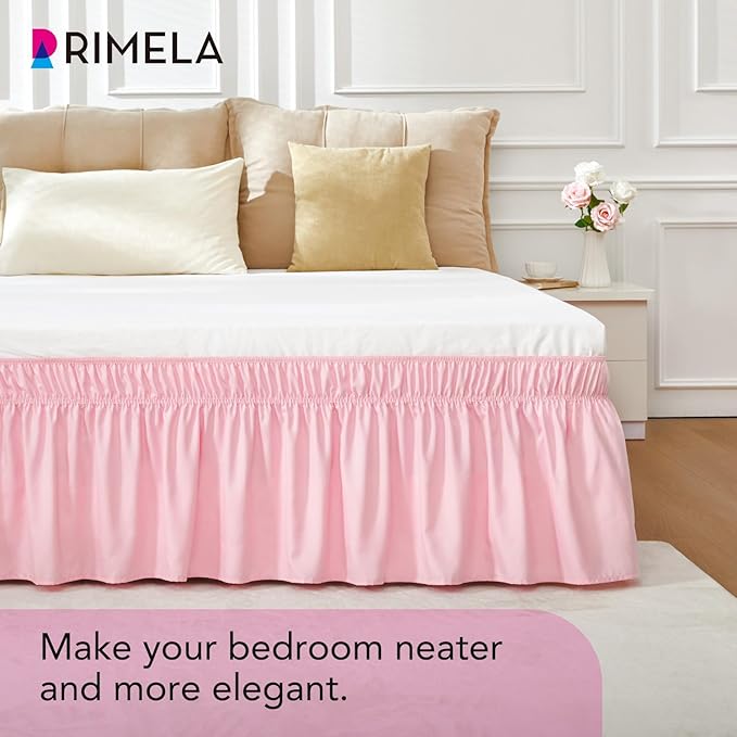 RIMELA Pink Bed Skirt Queen Size 18 Inch Drop, Elastic Bed Skirting for Bed Base and Frame, Bedding Dust Ruffle Easy to Install, Lightweight Wrap Around Adjustable Bedskirt