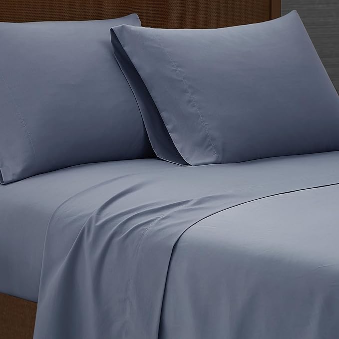 London Fog Garment Washed Solid Sheet Set Blue Microfiber 4-Piece King Sheet Set, Solid Themed, Deep Pocket, Adult and Teen, Oeko-TEX Certified