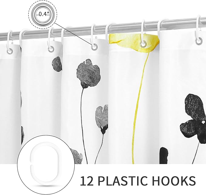 Gibelle Yellow and Grey Floral Shower Curtain, Watercolor Flower Shower Curtain for Bathroom, Modern Minimalist White Waterproof Fabric Shower Curtain Set with Hooks 72x72 Inch