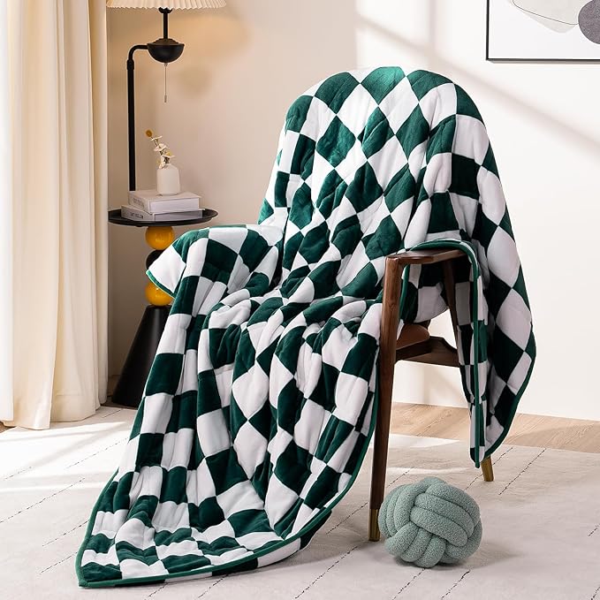 Wemore Flannel Fleece Weighted Blanket for Adult Queen Size 15 lbs, Dual Sided Luxurious Checkerboard Grid Heavy Blankets, Ultra Soft Throw Blanket, Plaid Green, 60 x 80 inches