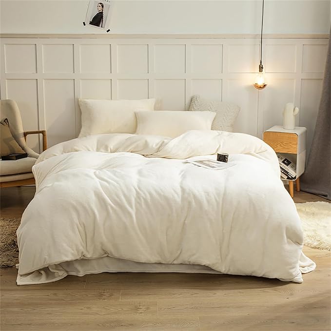 Cottonight White Velvet Comforter Set Cal King Fluffy Bedding Comforter Set California King Sherpa Micromink Winter Warm Cozy Super Soft Bedding Set