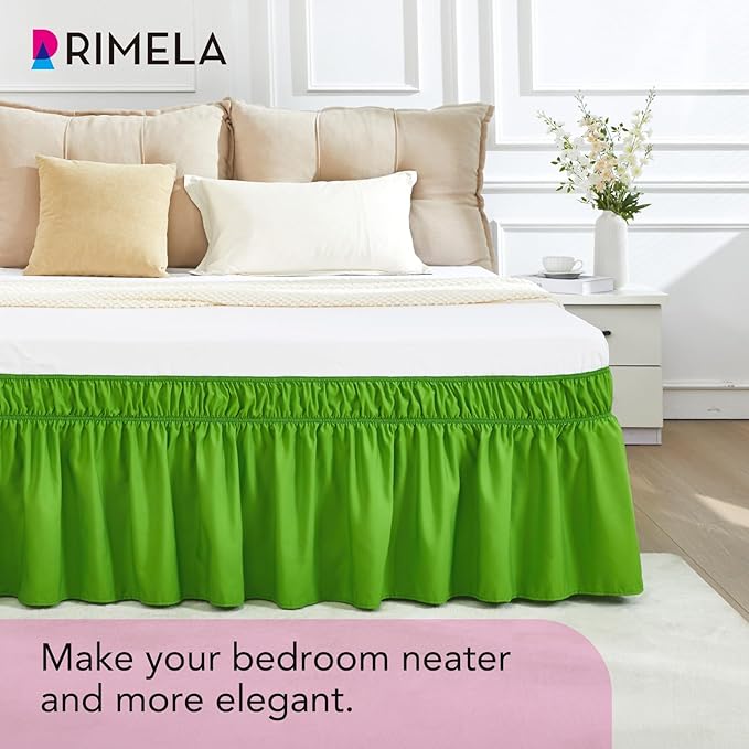 RIMELA Green Bed Skirt King Size 15 Inch Drop, Elastic Bed Skirting for Bed Base and Frame, Bedding Dust Ruffle Easy to Install, Lightweight Wrap Around Adjustable Bedskirt