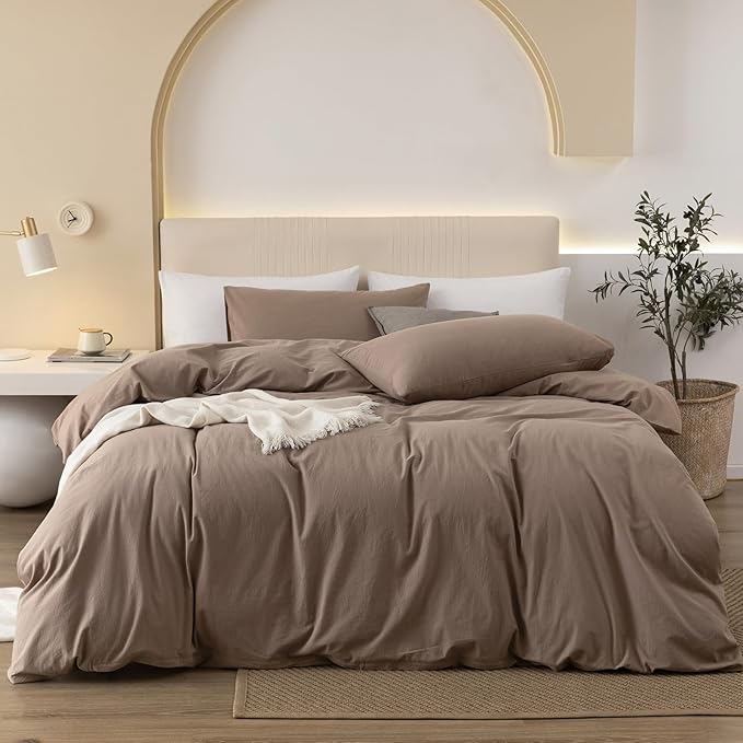 JIYUAN 100% Washed Cotton Duvet Cover Set 3 Pieces Super King, 1 Duvet Cover 108x98 Inches(Comforter Not Included) and 2 Pillowcases,Linen Feel Bedding Set Comfy and Breathable,Light Brown