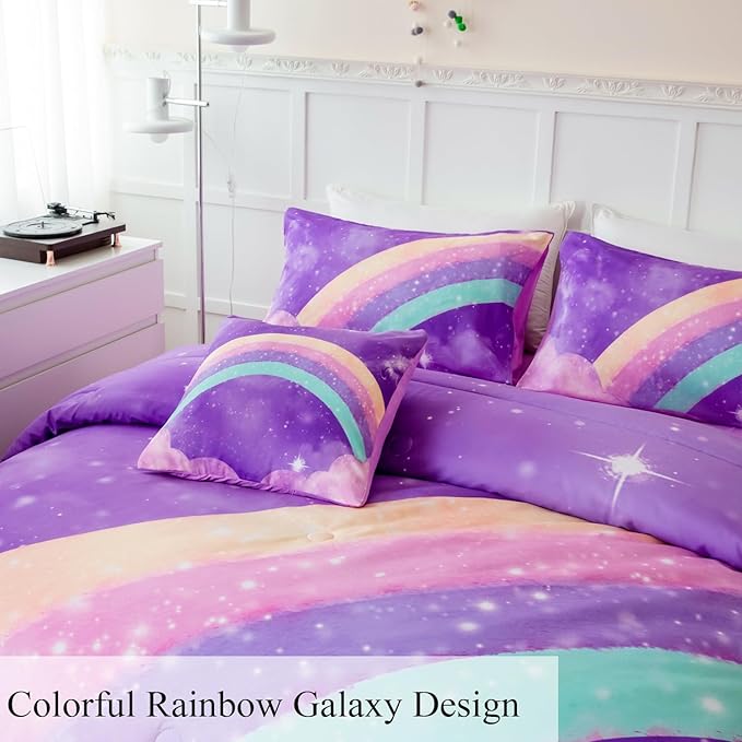 ANGIYUIN 6Pcs Gradient Purple Queen Size Comforter Set for Girls 3D Colorful Rainbow Galaxy Bed in A Bag Gradient Glitter Bedding Comforter Sets for All Season