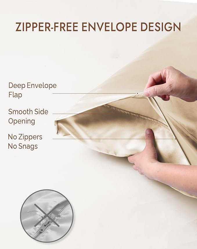 SilkSilky 100% Mulberry Silk Pillowcase - Pure 22 Momme High-Grade 6A Fibers for Hair & Skin, Envelope Closure, Natural, Organic, Breathable & Cooling Pillow Case (King, Beige)