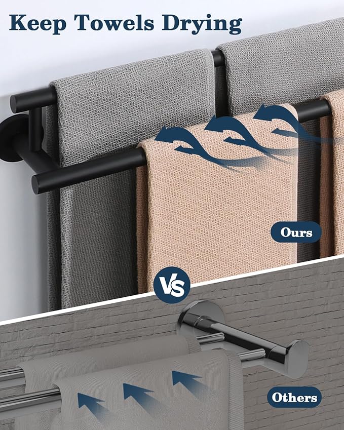 Alise Double Bath Towel Bars,28 Inch Towel Racks for Bathroom,SUS304 Stainless Steel Towel Holder,Sturdy Towel Hanger Wall Mounted,Towel Rod,Robe Towel Hooks,Matte Black Towel Rail,GYT6902-B