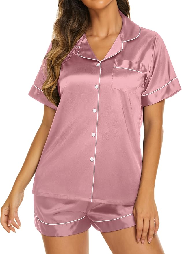 Ekouaer Pajamas for Women Set Silk Satin Pjs Shorts Sleepwear 2 Piece Loungewear S-XXL