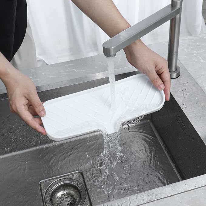 Silicone Bathroom Soap Dishes with Drain Spout-Bathroom and Kitchen Sink Organizer,Sponge Holder,Dish Soap Tray,Perfect for Dispenser,Scrubber,Bottle,Cup on Sink or Counter-White 12"×4"