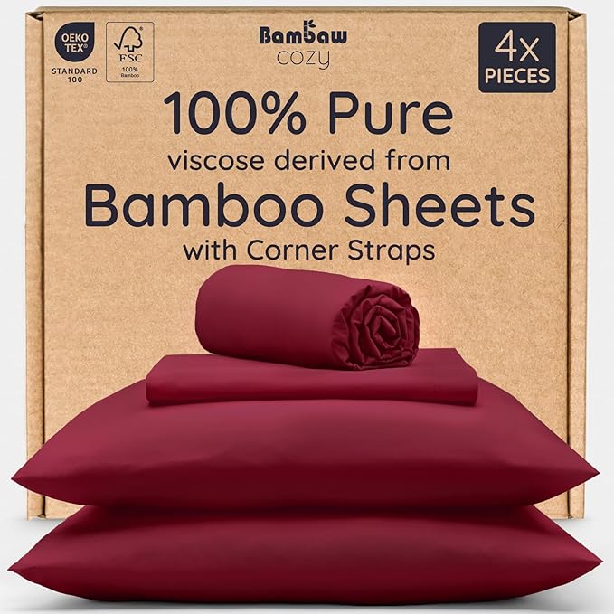Bambaw 100% Viscose Derived from Bamboo Sheets Full Size Set – 4pcs Set of Full Size Bed Sheets Cooling and Soft, with Elastic Corner Straps, Bedding for Night Sweats (Burgundy)