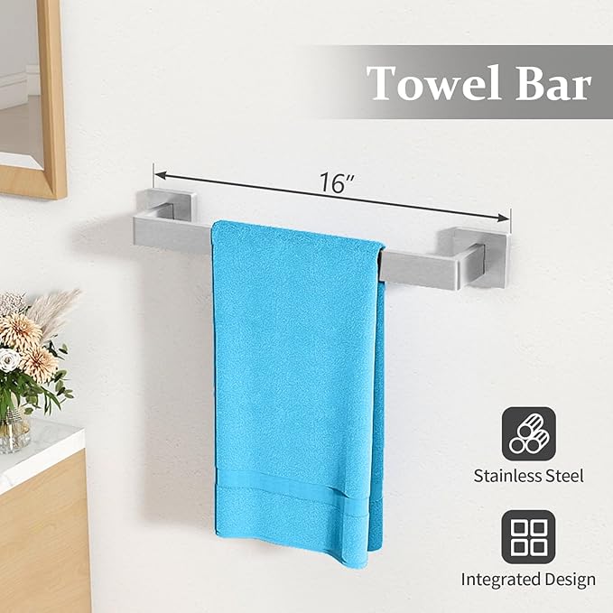 Bathroom Accessories Hardware Set Brushed Nickel 5-Piece, Stainless Steel Towel Racks for Bathroom, 16 Inch Bath Towel Bar Set Wall Mounted
