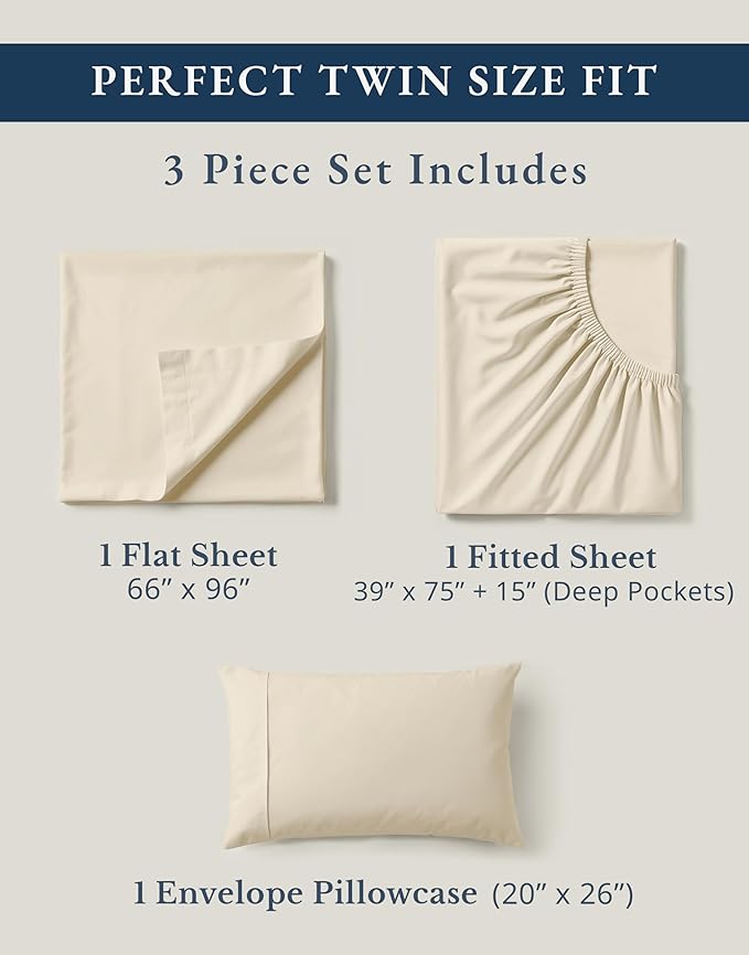 LANE LINEN 100% Organic Cotton Twin Bed Sheet Set, 3 Pc Twin Size Bed Sheets, Soft & Breathable Twin Sheet Set Boys, Hotel Style Bedding Sheets & Pillowcases, 15" Deep Fitted Sheet - Natural