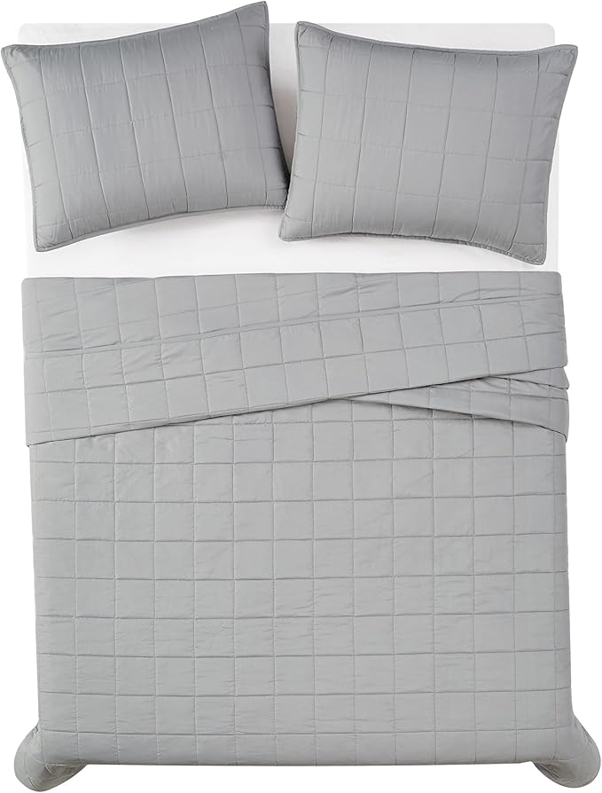 London Fog Garment Washed Solid Quilt Set Grey Microfiber 3-Piece Full/Queen Quilt Set, Solid Themed, Adult and Teen, Oeko-TEX Certified