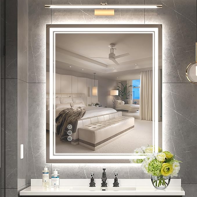 30x36 Inch LED Bathroom Mirror with Frontlit & Backlit（Independent Control）, Lighted Mirror for Bathroom Wall with 3-Color Dimmable & Anti-Fog, Vanity Mirror with Lights