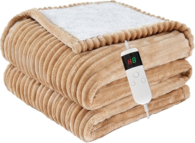 Heated Blanket Electric Full, Soft Flannel Heating Blanket with 8 Hours Auto Off 10 Fast Heating Levels Machine Washable Sherpa Heated Blanket with Overheating Protection