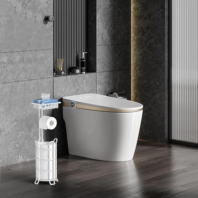 TomCare Toilet Paper Holder Stand with Shelf 4 Raised Feet Upgraded Free Standing Toilet Paper Roll Storage with Tissue Paper Dispenser Metal Bathroom Storage Organization (White)