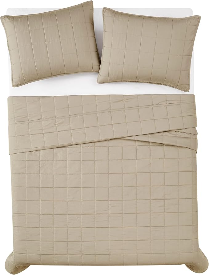London Fog Garment Washed Solid Quilt Set Khaki Microfiber 3-Piece King Quilt Set, Solid Themed, Adult and Teen, Oeko-TEX Certified
