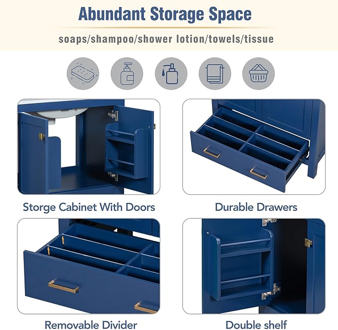 60" Bathroom Vanity Set with Double Vanities, Double Ceramic Sinks, Storage Shelf, Soft Closing Doors, Divided Drawers (Mirror not Included), Large Bathroom Vanity Sink Set (Blue)