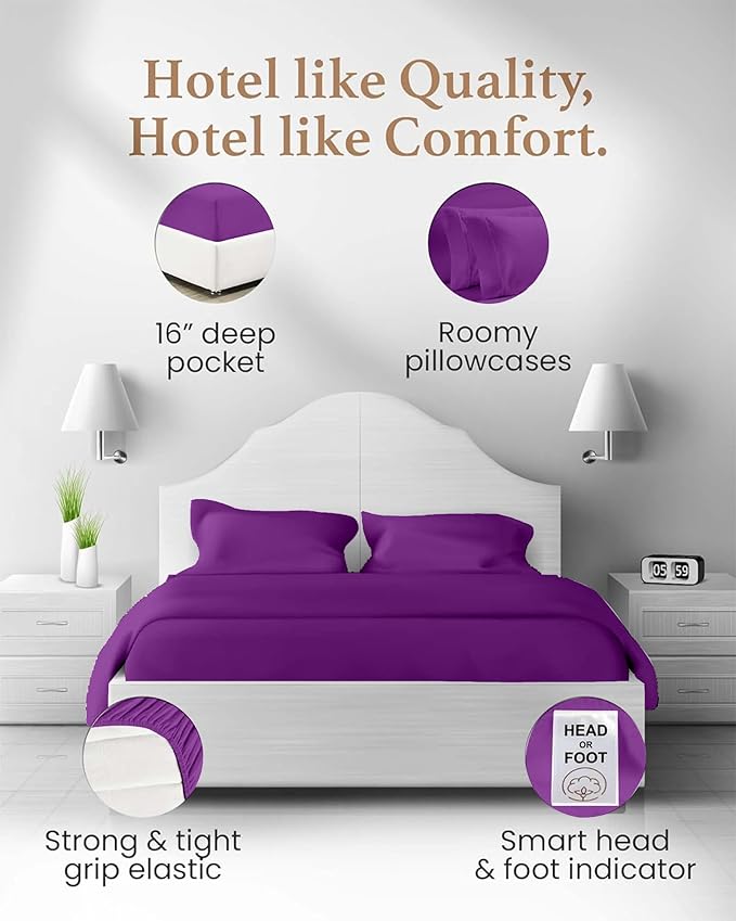 Good Sleep Bedding Twin XL Sheet Set - 100% Egyptian Cotton XL Twin Sheet Set, 1000 TC, 3Pc, Extra Long Twin Sheets for Dorm, Hotel Sheets, 16" Deep Pocket Twin Sheets Extra Long - Purple Sheets