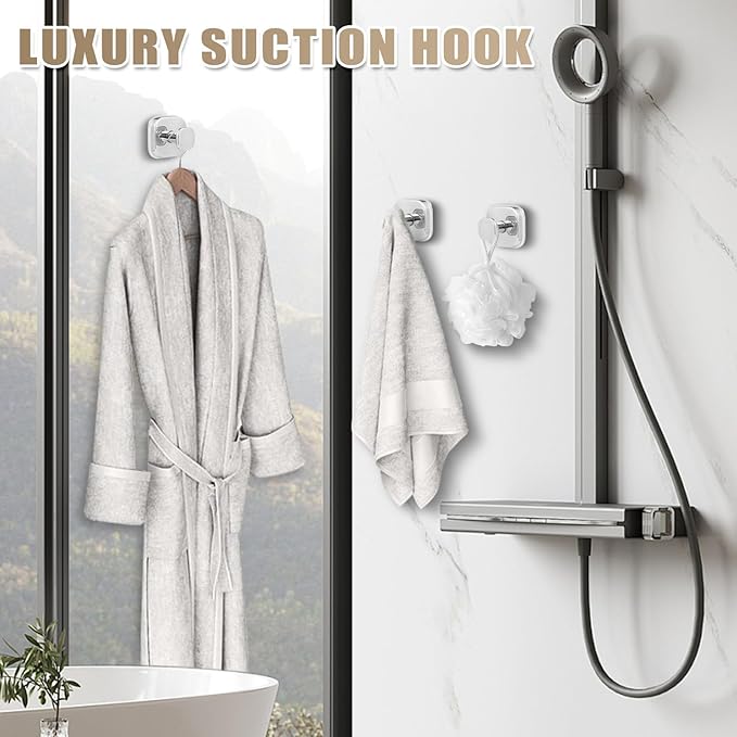 No-Drill Reusable Suction Cup Hooks, Towel, Robe, Loofah, Coat Hook for Glass, Mirror, Tile, Shower, Bathroom, Kitchen & Metal (Smooth, Non-Porous Surfaces) (4, Chrome Polished)