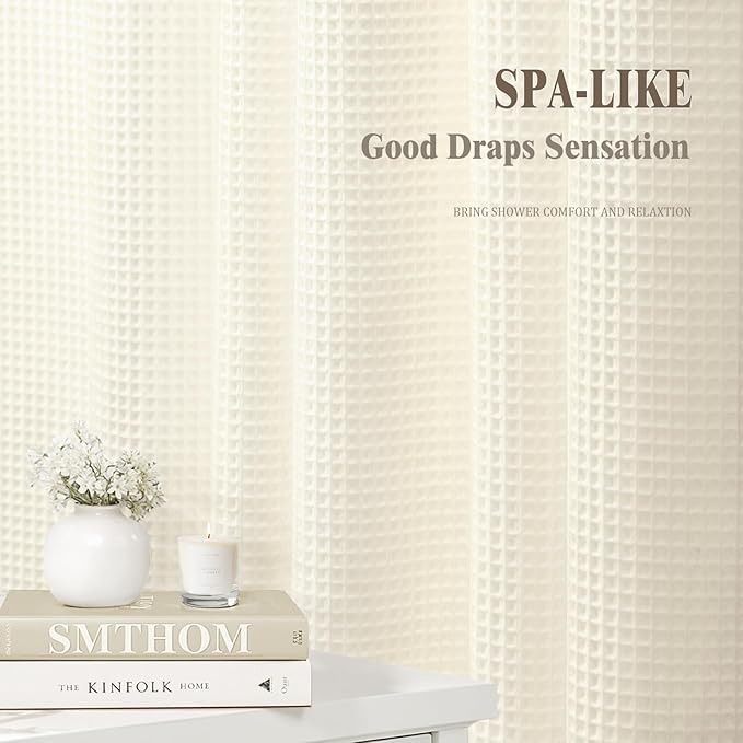 Waffle Weave Shower Curtain - Ivory Cotton Fabric Texture Heavyweight Shower Curtain for Bathroom,Washable,72Wx75L