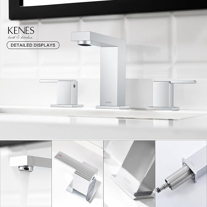 KENES Chrome Widespread Bathroom Faucet Two Handle Bathroom Sink Faucet, 8-Inch 3 Pieces Bathroom Vanity Faucet 3 Hole with Supply Lines, KE-9050-5