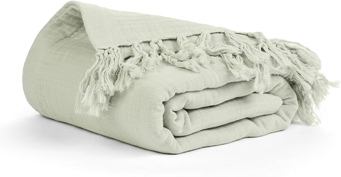 Salt Earth 100% Cotton Muslin Throw Blanket, Gauze Blanket 50"X60" Throw with Tassel 4 Layered for Couch, Bed, Living Room, Home, Lightweight & All Season Blankets & Throws, Skin Friendly (Sea Foam)