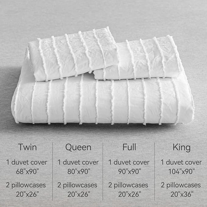 JELLYMONI Duvet Cover King Size Bright White - 3PCS Boho Striped Duvet Cover Set Polyester Tufted Bohemian Textured Comforter Cover 104×90in with Corner Ties & Zipper and 2 Pillowcases