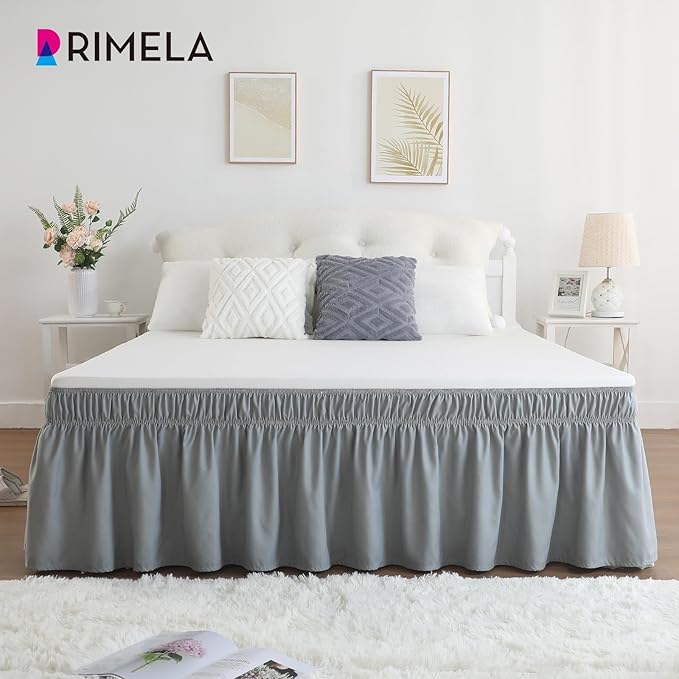 RIMELA Light Grey Bed Skirt Full Size 12 Inch Drop, Elastic Bed Skirting for Bed Base and Frame, Bedding Dust Ruffle Easy to Install, Lightweight Wrap Around Adjustable Bedskirt